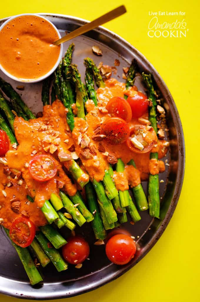 Asparagus Side Dish
 Roasted Asparagus topped with healthy smokey romesco sauce