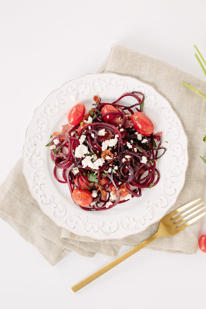 Beet Noodles Recipe
 Inspiralized Beet Noodles with Tomatoes Feta and Bacon