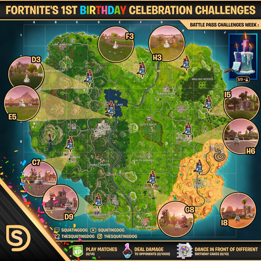 Birthday Cake Locations In Fortnite
 Fortnite All Birthday Cake locations Dance in front of