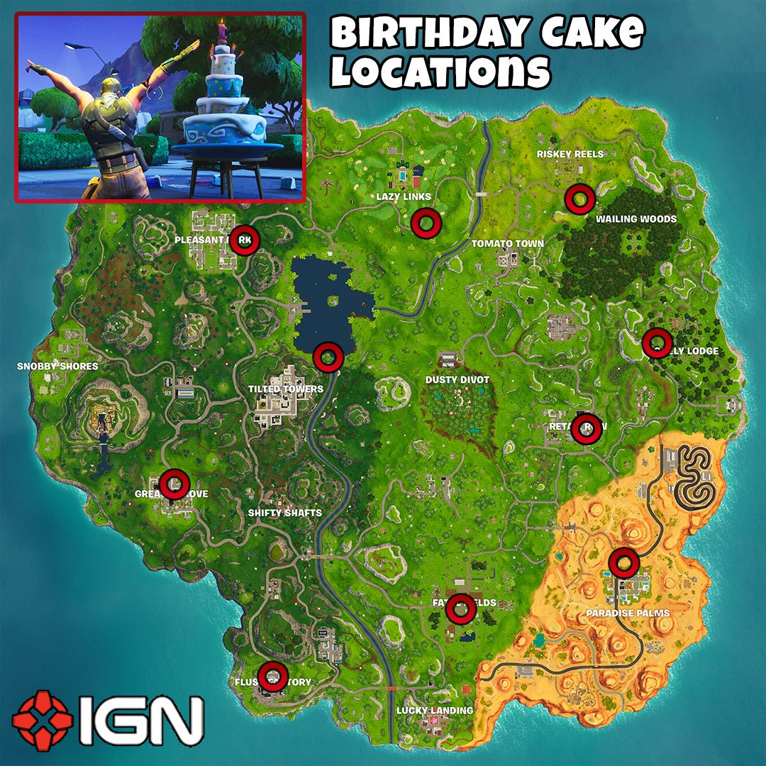 Birthday Cake Locations In Fortnite
 Fortnite Birthday Challenges Dance in Front of Different