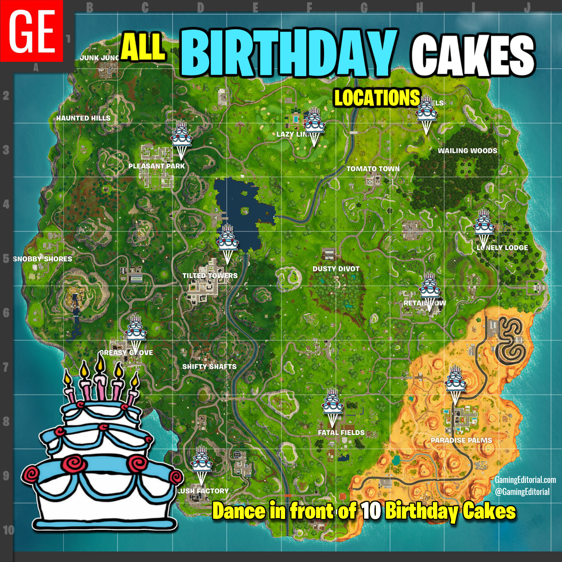 Birthday Cake Locations In Fortnite
 Fortnite All Locations Map Dance at Different Birthday