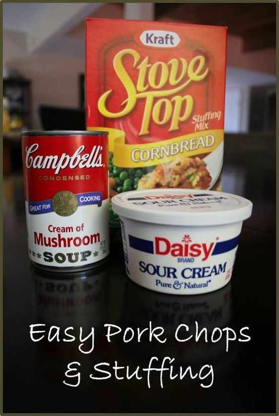 Crockpot Pork Chops With Mushroom Soup
 Ingre nts 4 Pork Chops 1 Box Stove Top Stuffing Mix 1