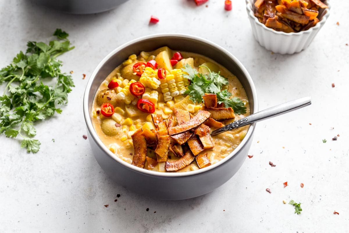 Dairy Free Corn Chowder
 Dairy Free Corn Chowder with Coconut Bacon