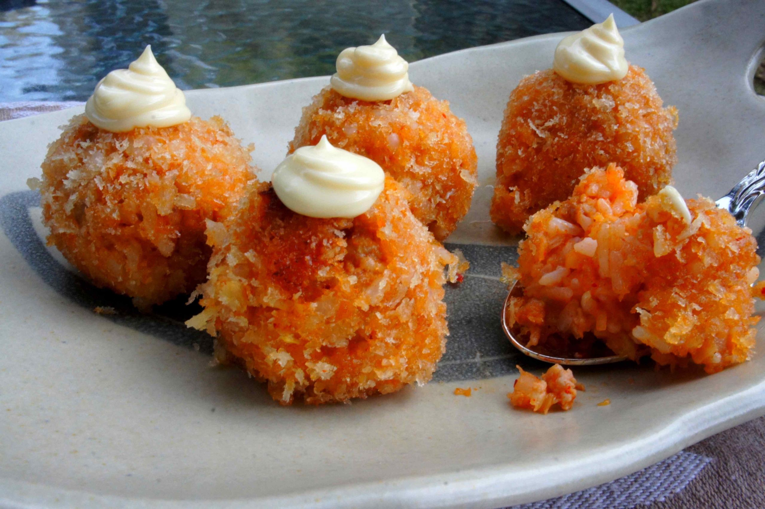 Deep Fried Rice Balls
 Deep fried rice balls with kimchi spicy pork and panko