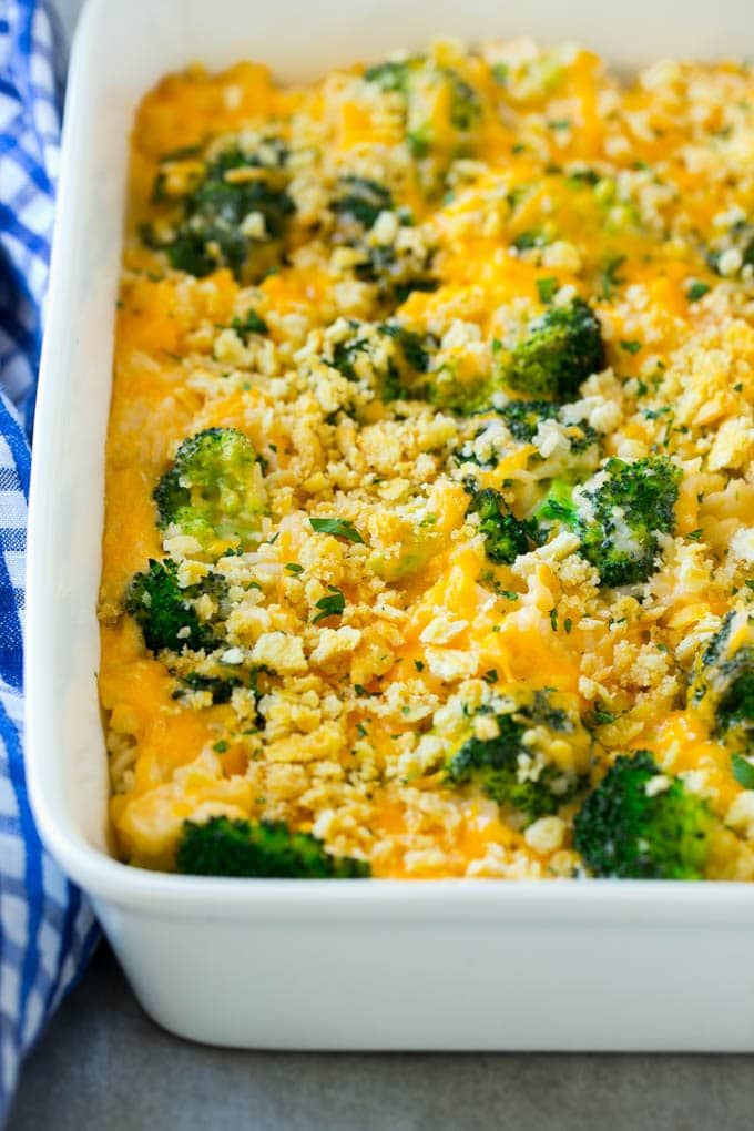 Easy Broccoli Rice Casserole
 Broccoli and rice casserole with cheddar cheese in a white