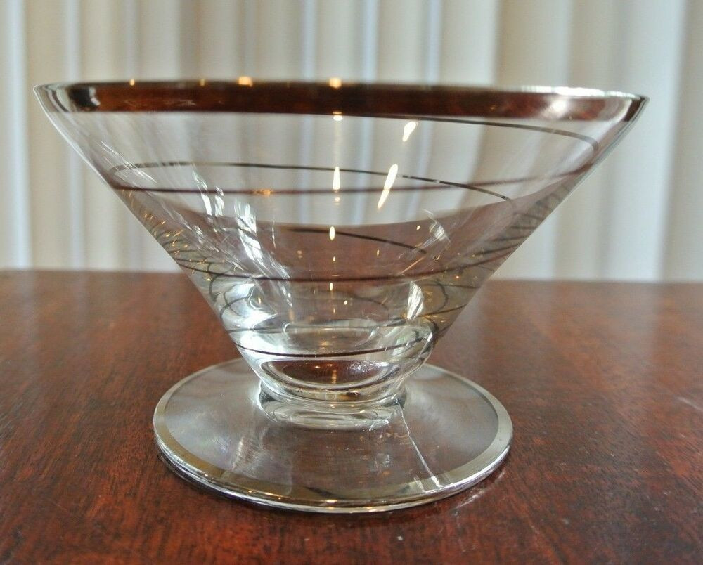 Glass Dessert Bowls
 4 Vintage Glass Dessert Bowls W Silver Color Rims Footed