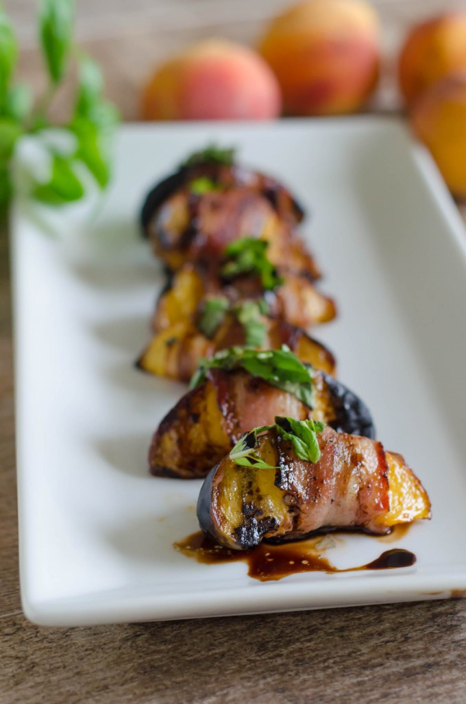 Gourmet Appetizers Recipe
 Grilled Bacon Wrapped Peaches with Basil and Balsamic • Go