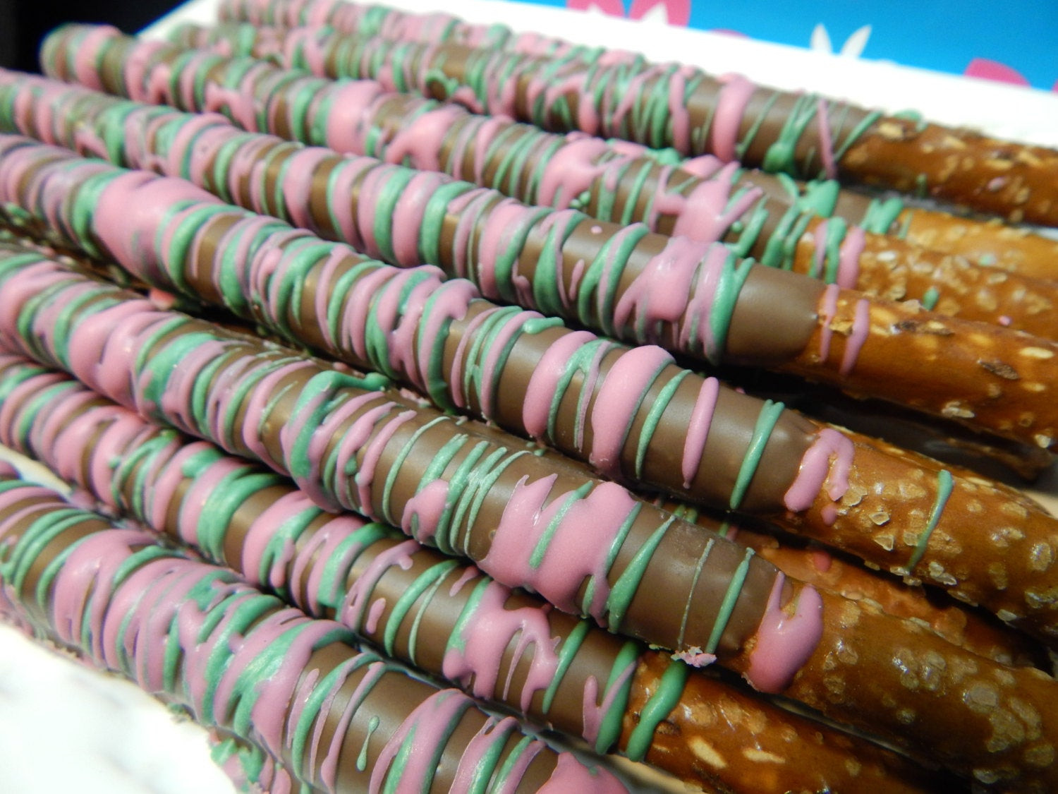 Gourmet Chocolate Pretzels
 Gourmet Chocolate Covered Pretzel Rods with Pink & Green