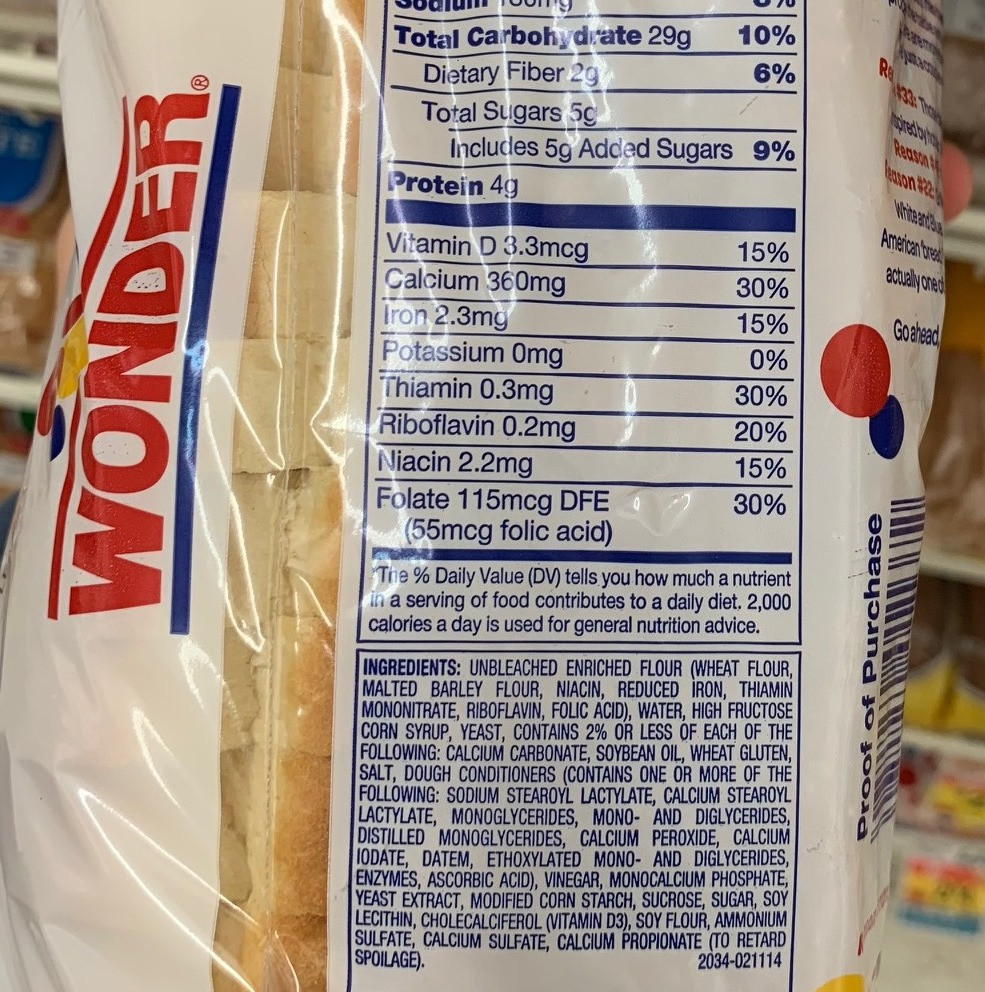 Low Calorie White Bread
 Wonder White Bread Nutrition Label