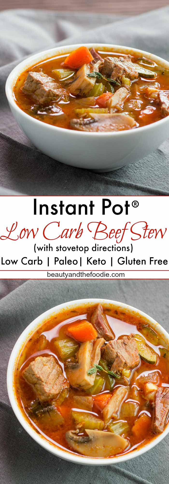 Low Carb Beef Stew
 Low Carb Instant Pot or Stovetop Hearty Beef Stew