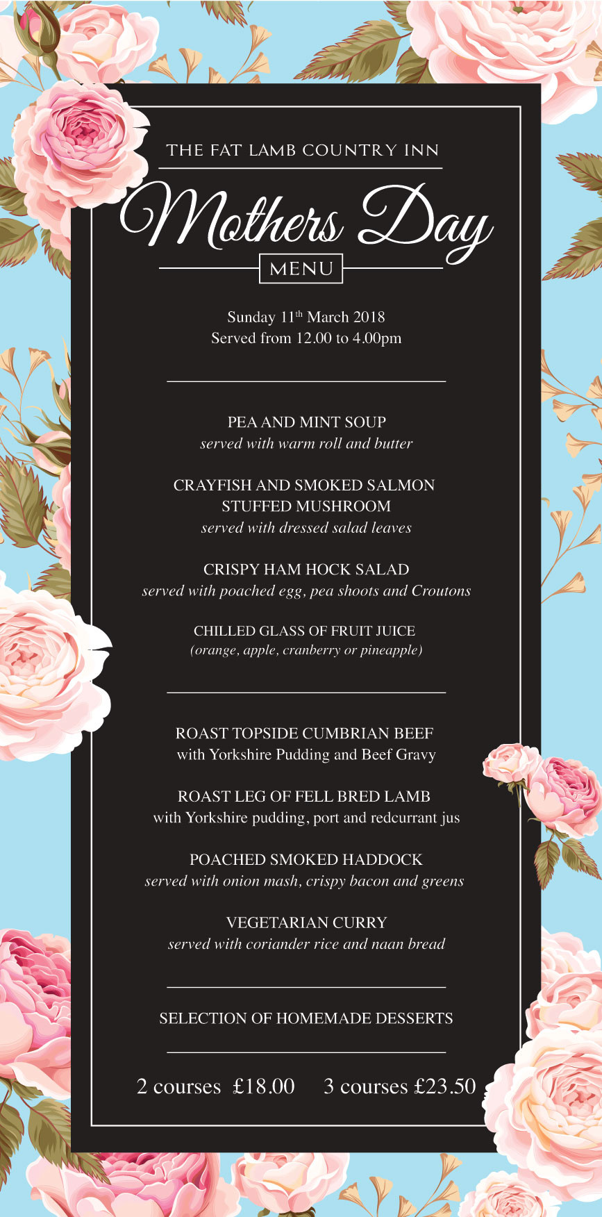 Mothers Day Dinner Menu
 Mothers Day at the Fat Lamb afternoon tea and mother s