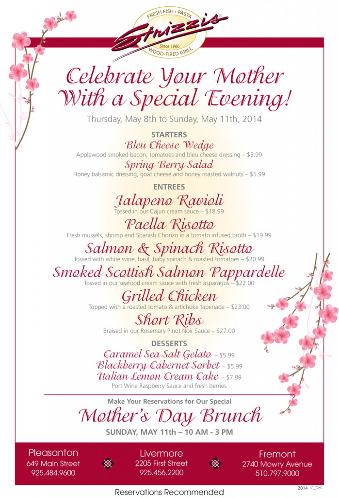 Mothers Day Dinner Menu
 Strizzi s Mother s Day Dinner Menu 2014