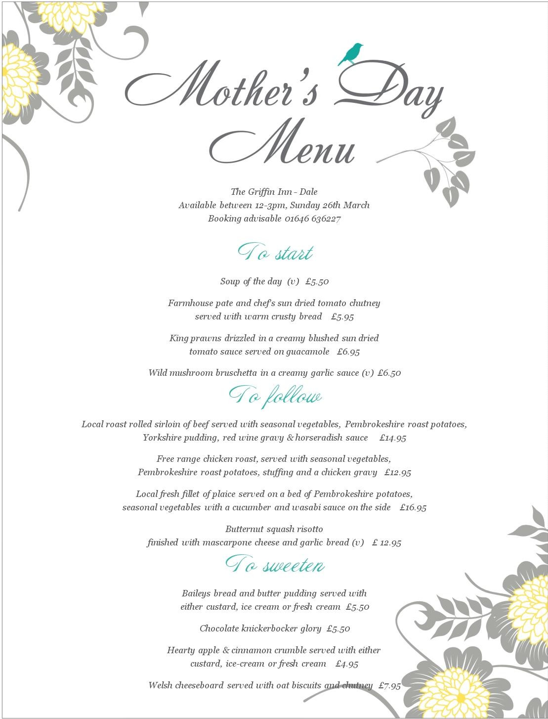 Mothers Day Dinner Menus
 Pembrokeshire Valentine dinner meal Mothers Day lunch