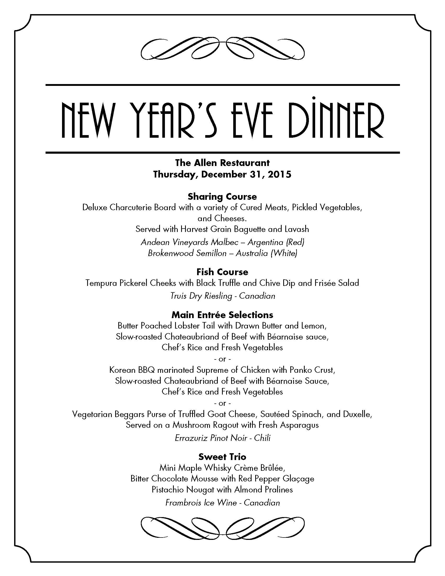New Years Dinner Menu
 New Years Eve Dinner at The Allen Restaurant