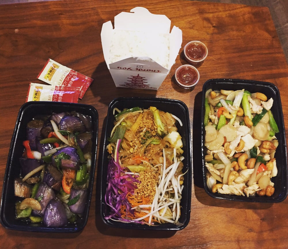 Pad Thai Without Fish Sauce
 Spicy eggplant Veggie pad Thai and chicken cashew and