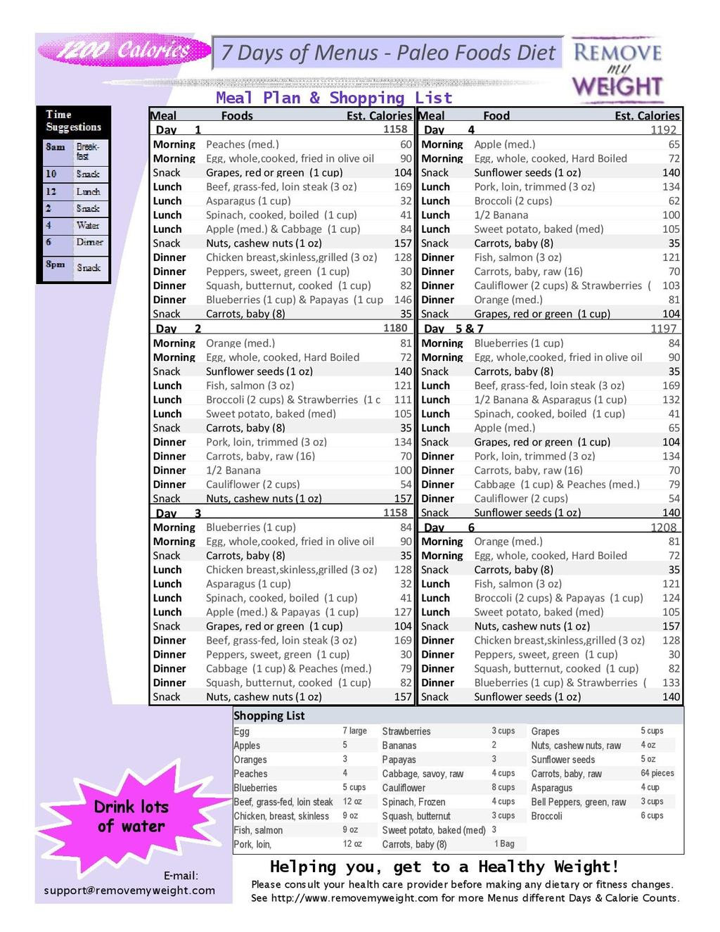 Paleo Diet Meal Plan
 Printable 1000 Calorie Paleo Diet for 6 Days or less