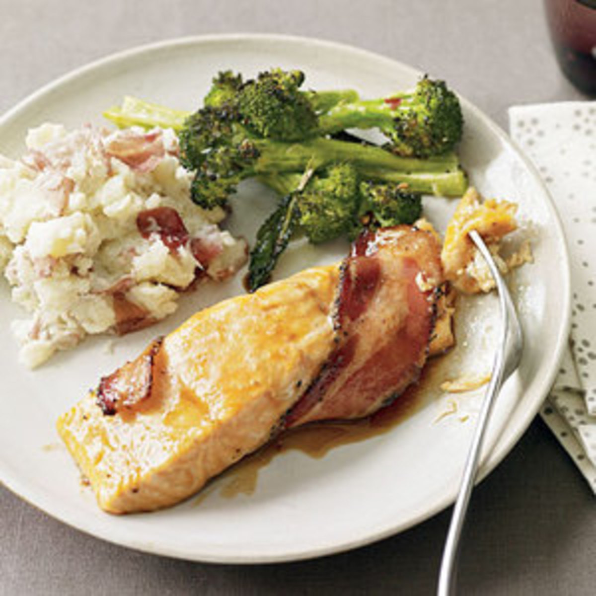 Salmon And Mashed Potatoes
 Bacon Wrapped Salmon with Broccoli and Mashed Potatoes