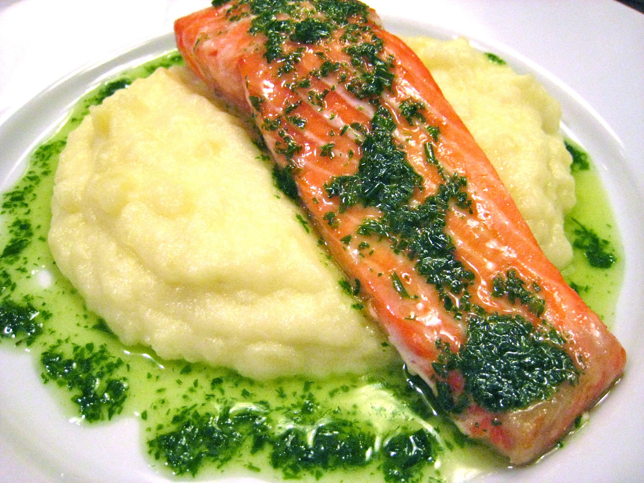 Salmon And Mashed Potatoes
 JGV’s Gently Cooked Salmon with Mashed Potatoes and Broken