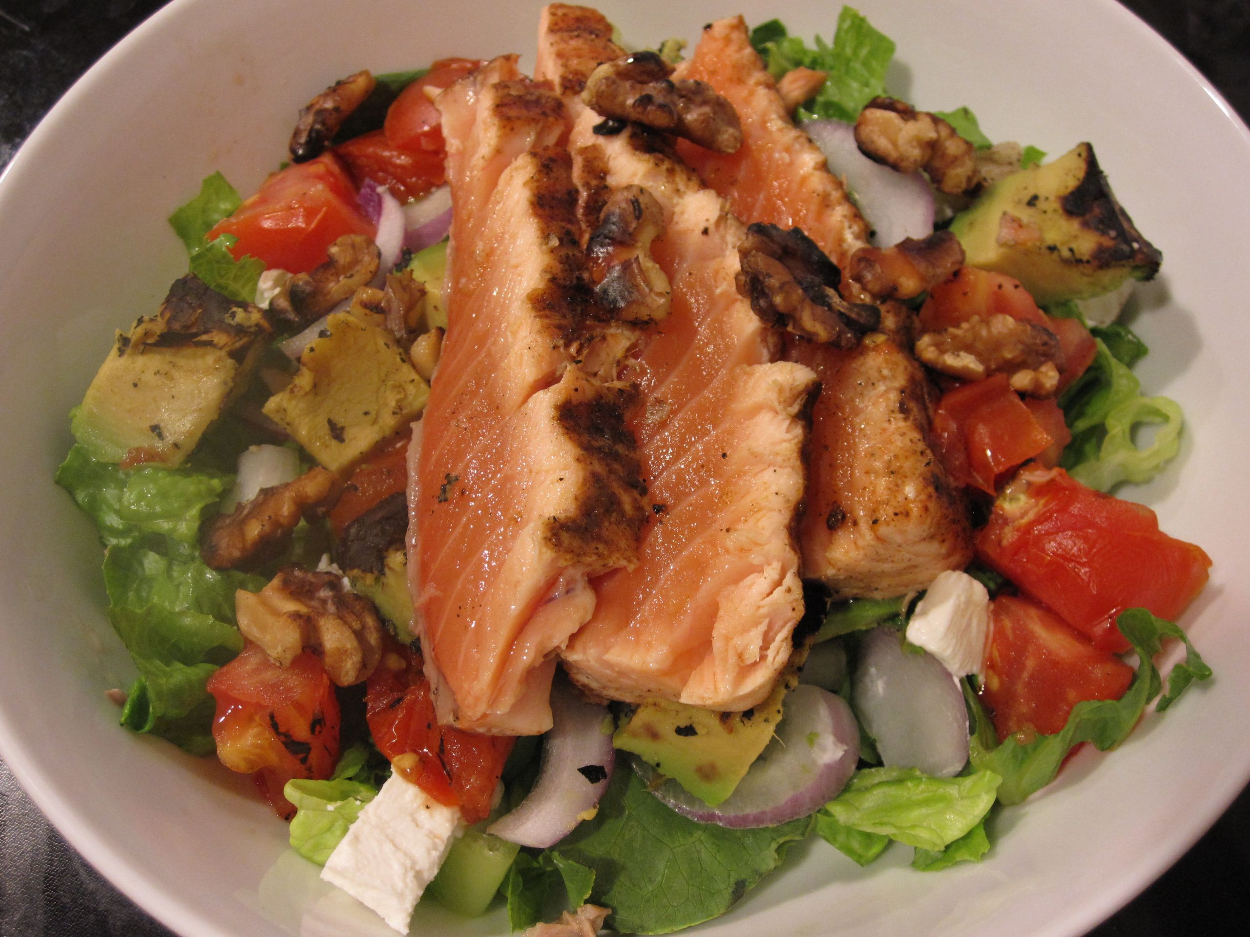 Salmon And Salad
 Seared Salmon Salad with Grilled Tomato and Avacado