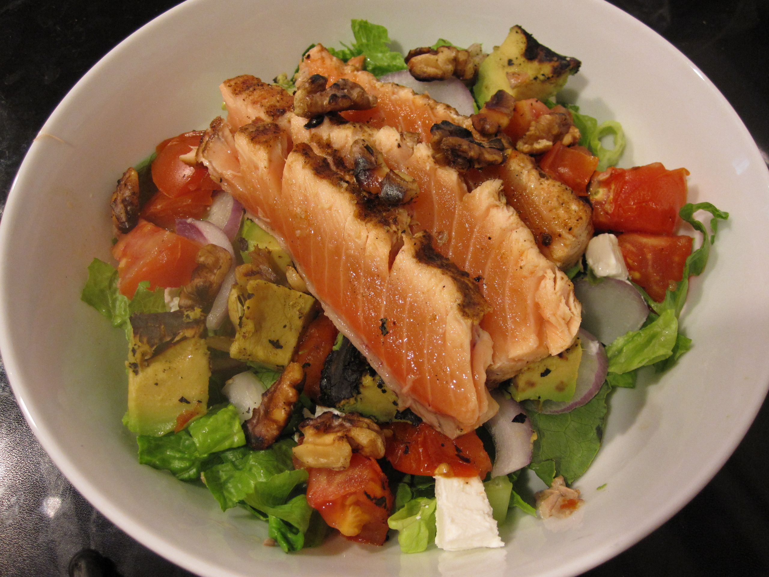 Salmon And Salad
 Seared Salmon Salad with Grilled Tomato and Avacado