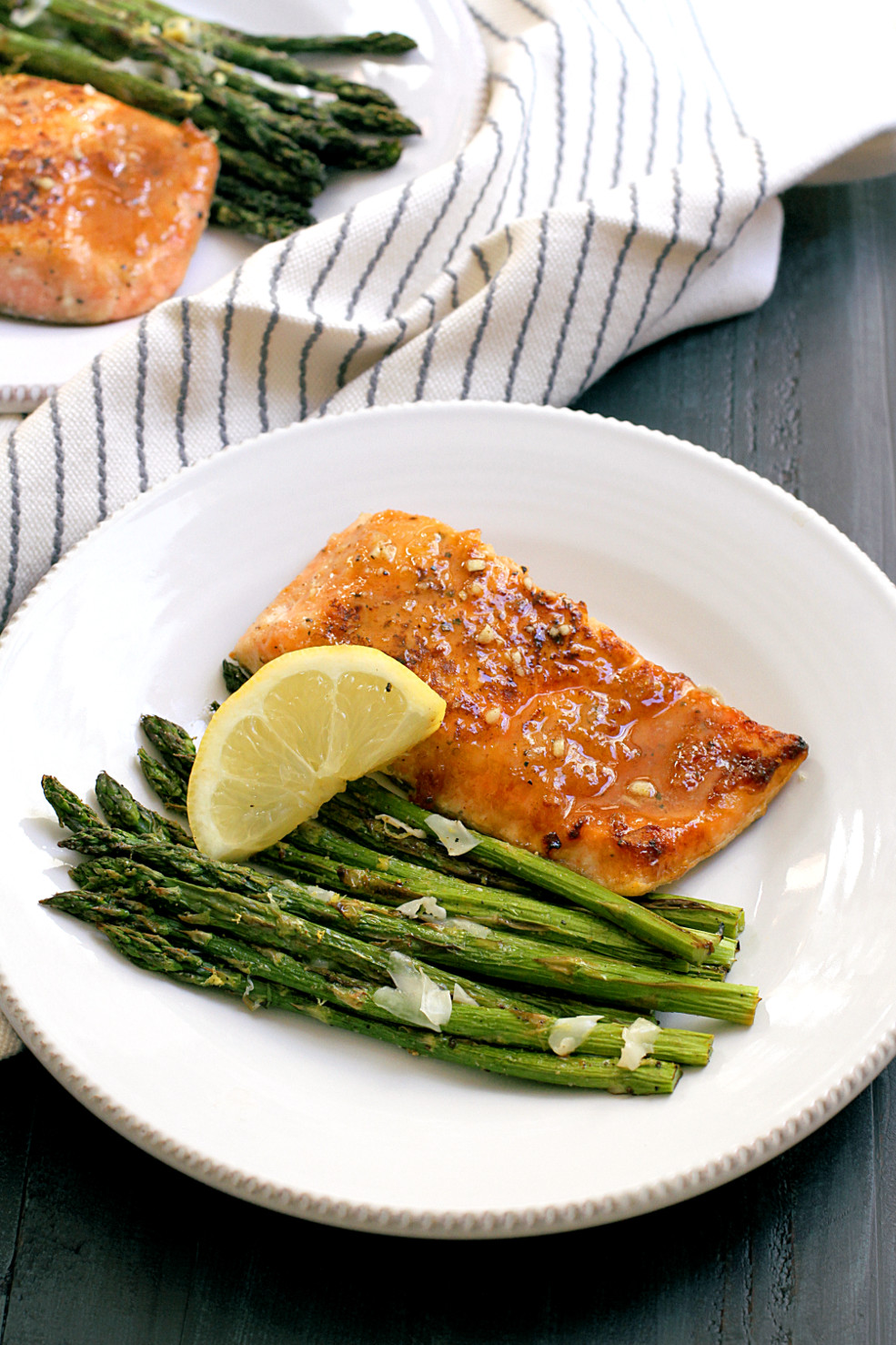 Salmon With Asparagus
 Honey Glazed Salmon with Broiled Asparagus Two of a Kind