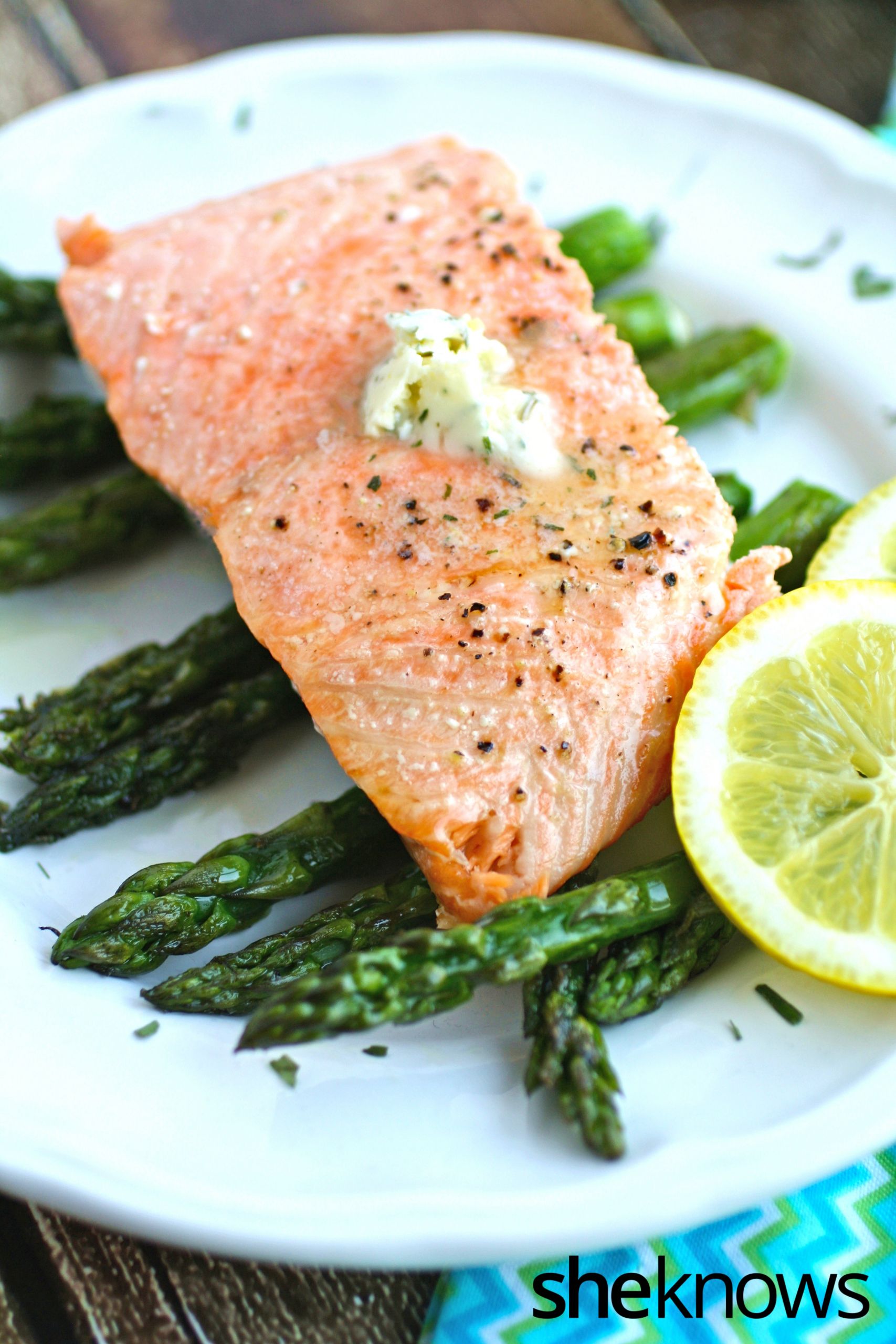 Salmon With Asparagus
 Oven roasted salmon with lemon tarragon butter is