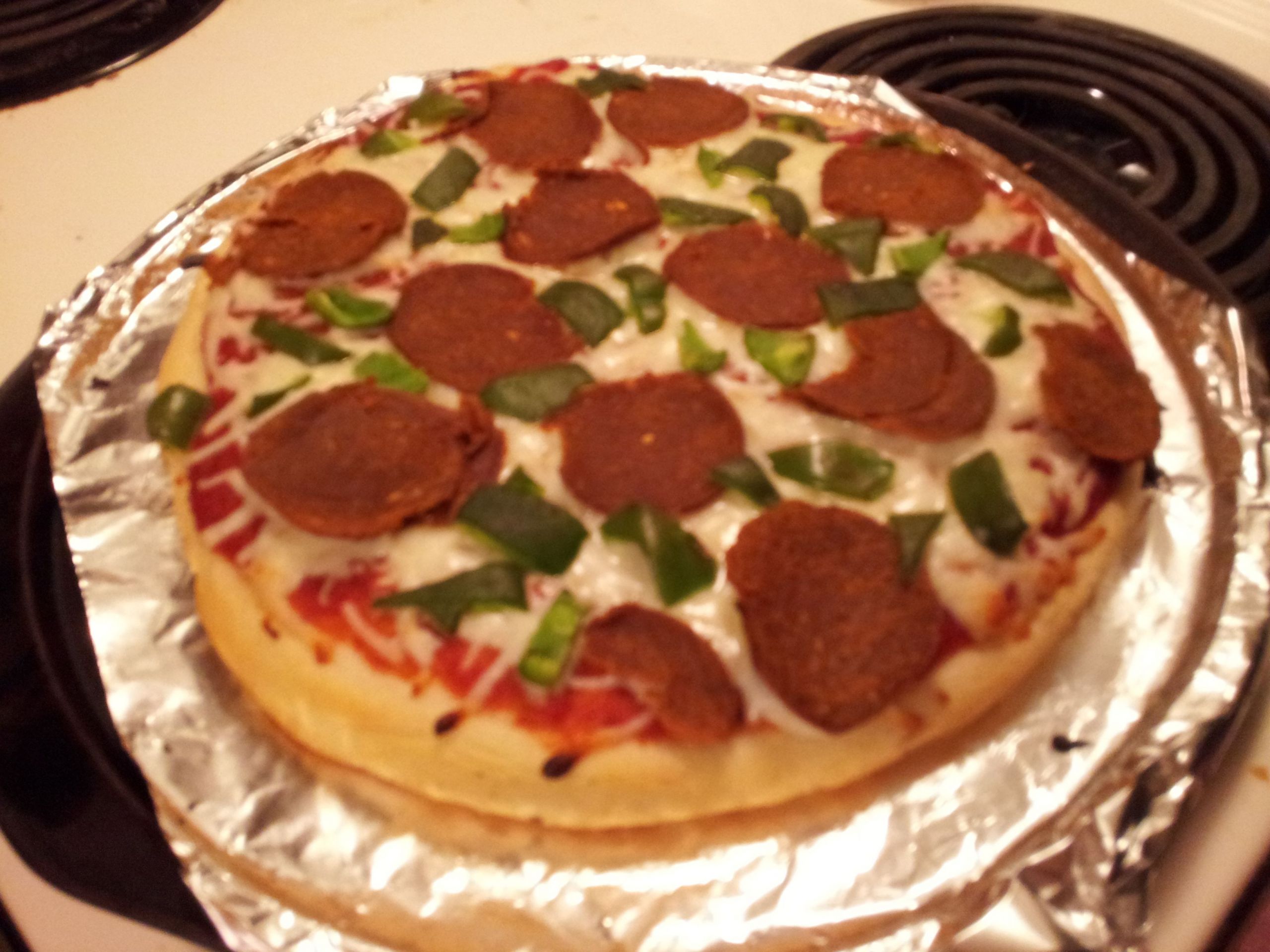 Tofurky Pepperoni Pizza
 Pizza with Tofurky brand vegan pepperoni and green peppers