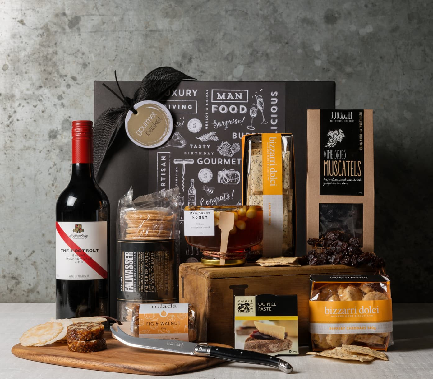Gourmet Food Gifts
 Cheeseboard Celebration Hamper Premium wine and food