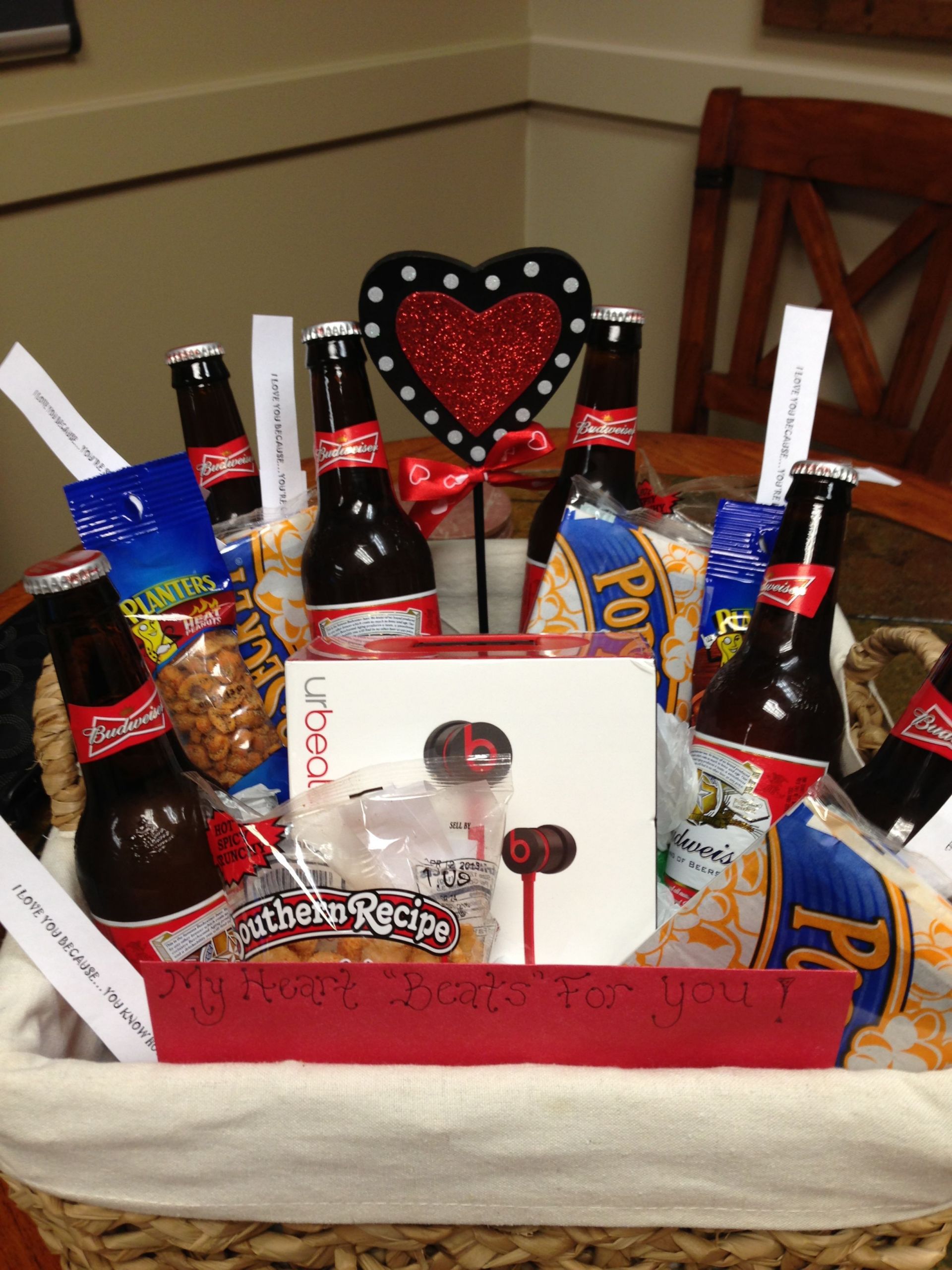 Mens Valentines Day Gift Basket
 My husbands valentines t I took all his favorite