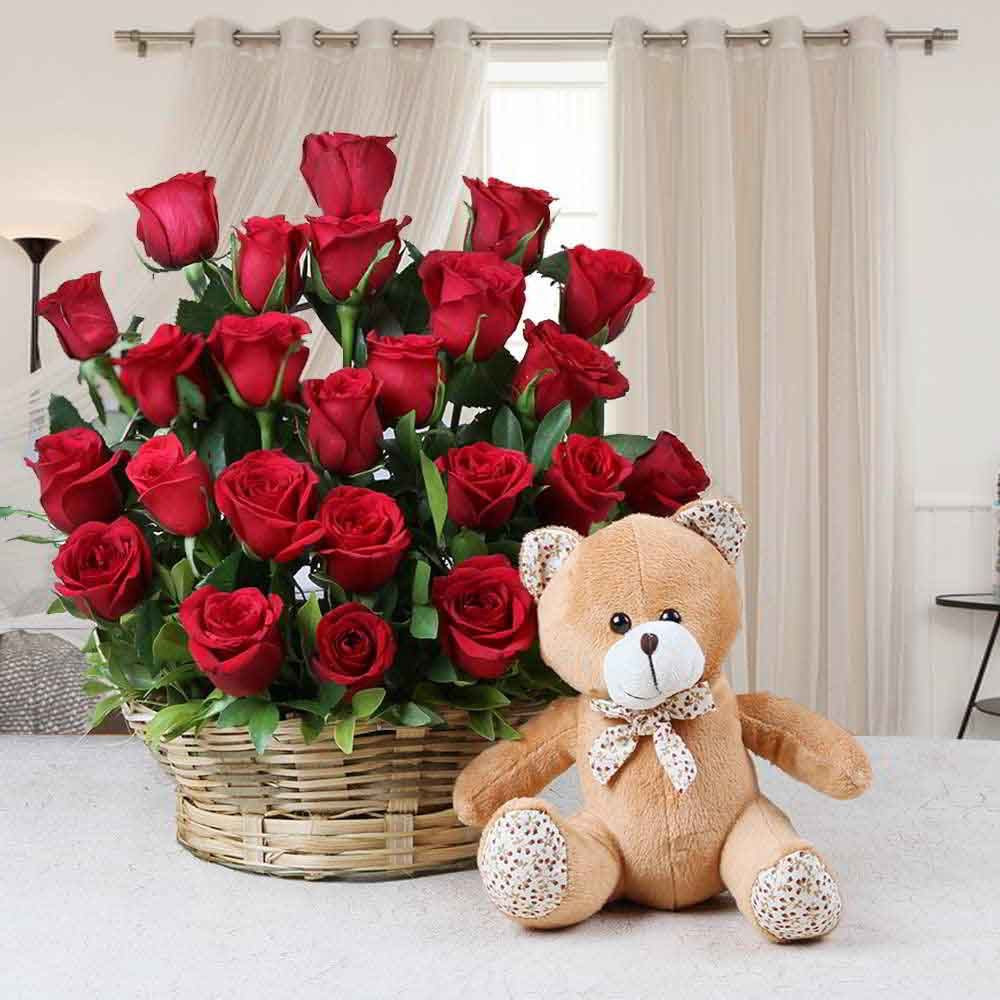 Valentine Gift Ideas For Her India
 Basket Arrangement Red Roses With Teddy Bear Send