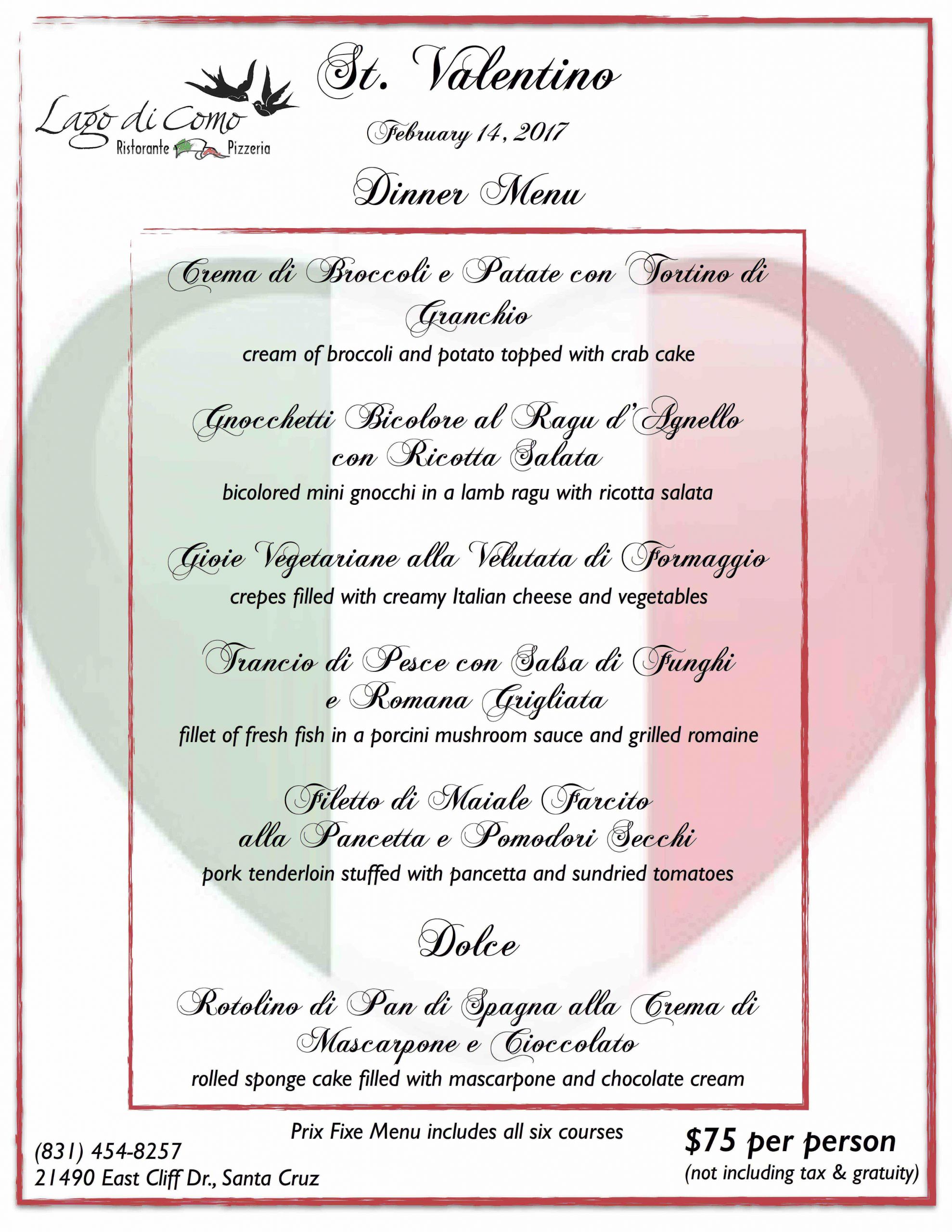 Valentines Dinner Restaurant
 Valentine’s Day Dinner Menu 2017 – Lago di o